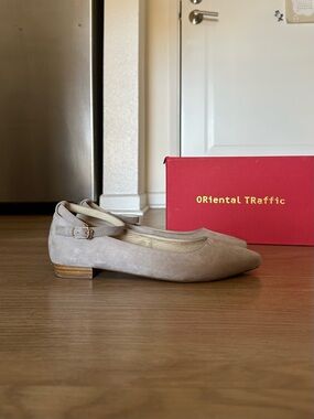 Oriental Traffic Gray Suede Ballet Flats with Ankle Strap - Pointed Toe, Comfort
